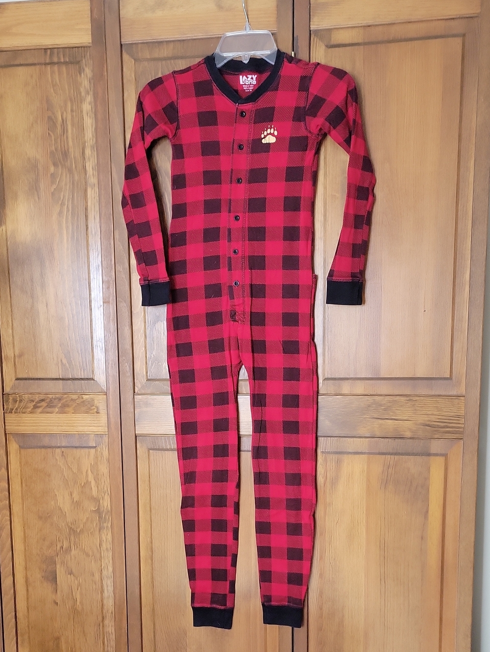 Lazy One Kids BEAR CHEEKS Buffalo Plaid One Piece Flapjack Pajamas Sz 10